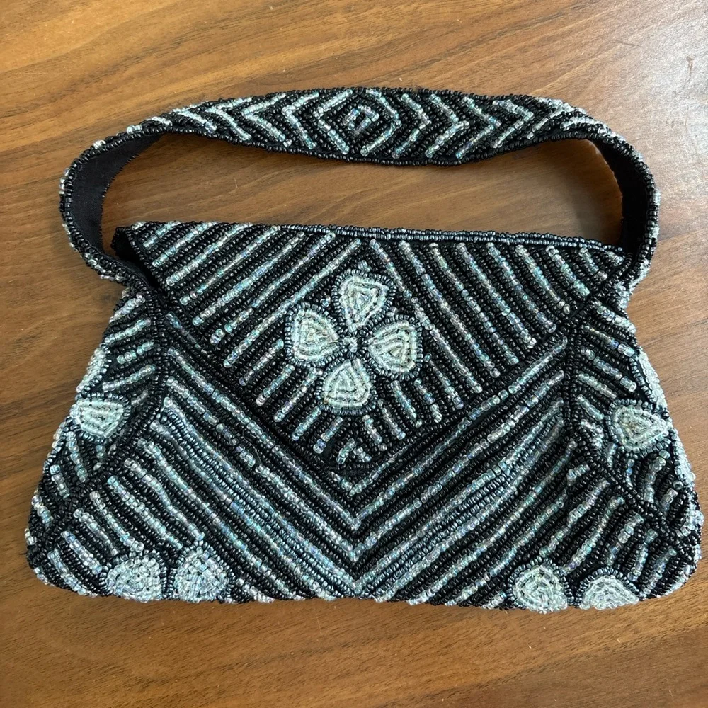 S. Malhan Vintage Hand-Beaded Evening Bag | Black & Silver Art Deco Style - Picture 2 of 5